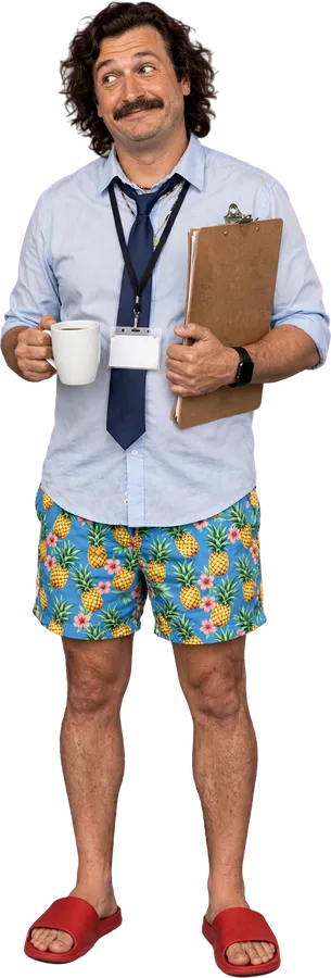 En gjest med nøkkelbånd, kaffekopp og skriveplate
