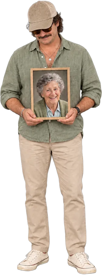 A guest in a linen shirt and cap holds a framed portrait of a smiling older woman and looks down at it quietly
