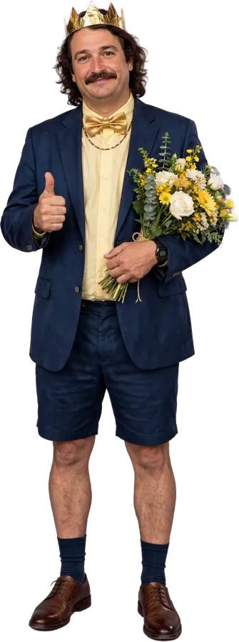 En gæst i jakke med blomsterbuket og papirkrone